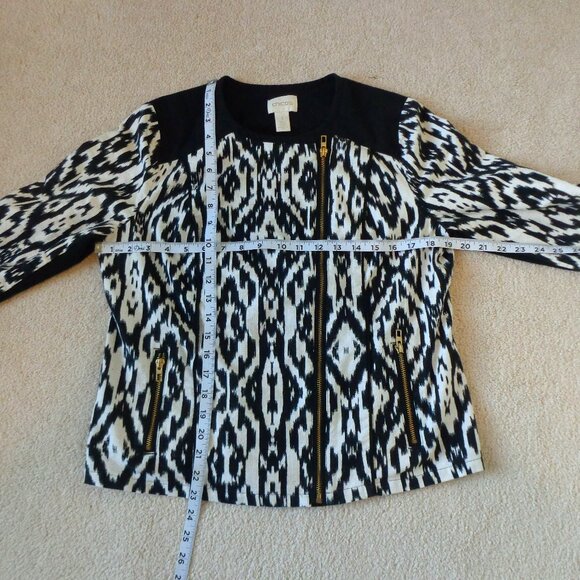 Chicos Womens Ikat Moto Jacket Zip Up Long Sleeve Pockets Black White Size 1 EUC - Picture 7 of 10